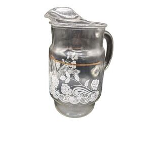 Vintage Clear Glass Pitcher with White Rose Floral Pattern Gold Band and Lid